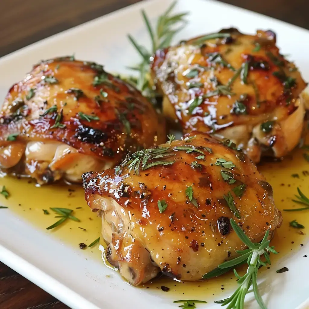 Des morceaux de poulet dorés et luisants garnis d'herbes fraîches présentés dans une assiette blanche élégante.