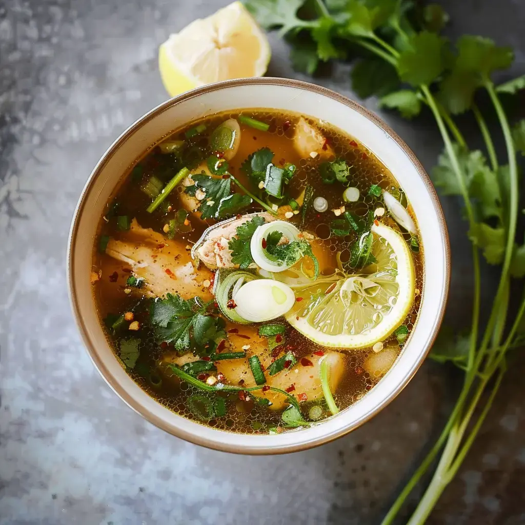 Un bol de soupe fumante garnie de poulet émincé, herbes fraîches et citron, servi dans une belle vaisselle française