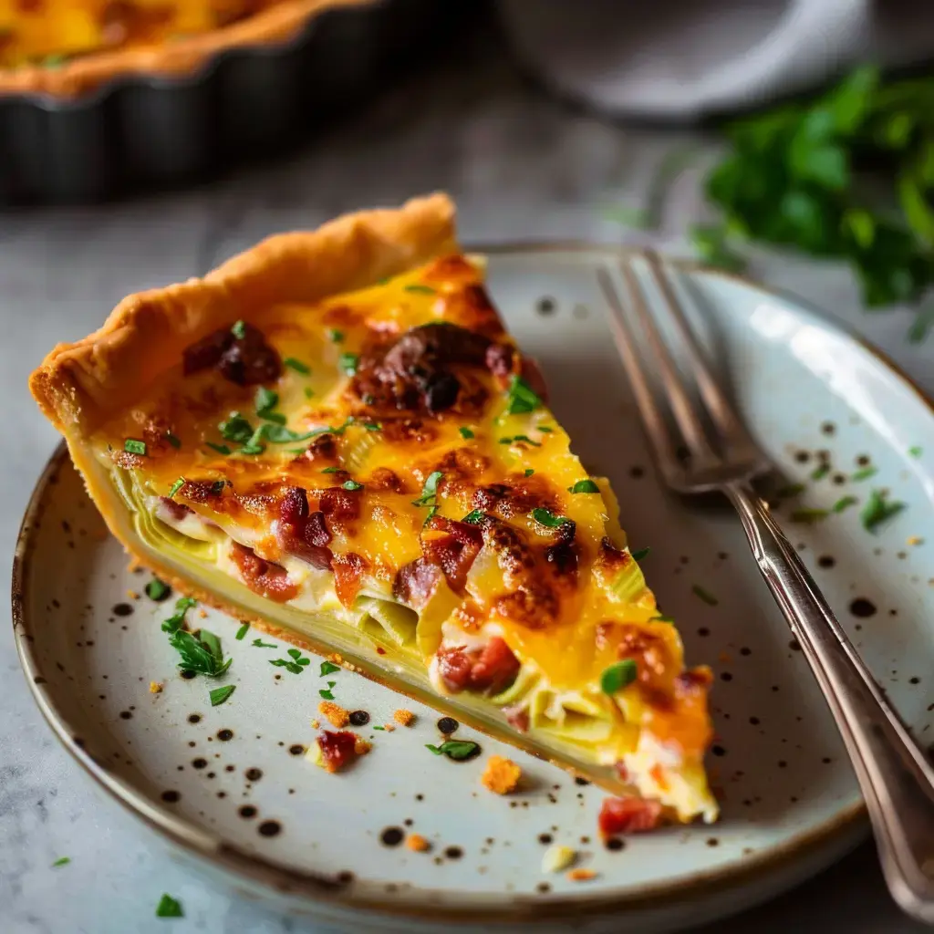 Une part de quiche aux poireaux dorée, garnie de saucisson, servie dans une assiette
