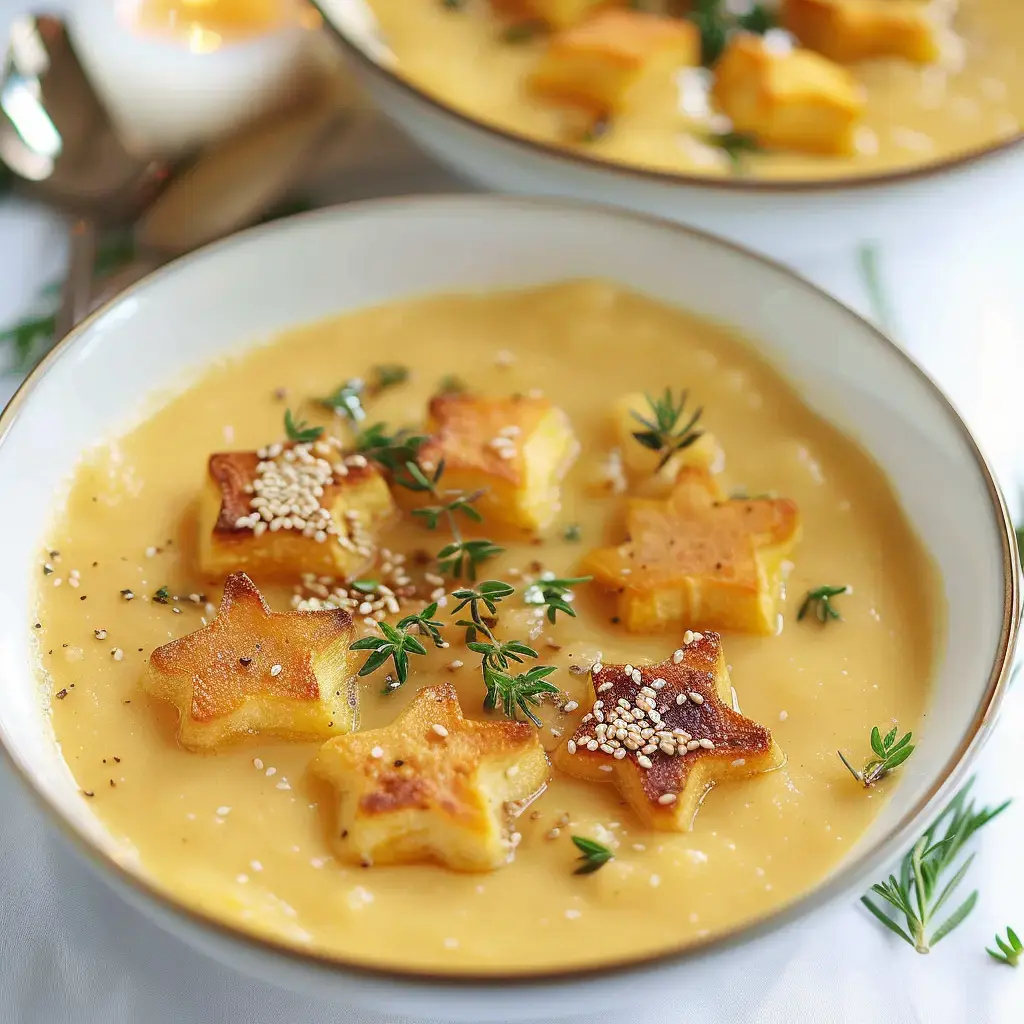 Un velouté crémeux surmonté d'étoiles dorées aux légumes, saupoudré de thym et graines de sésame.
