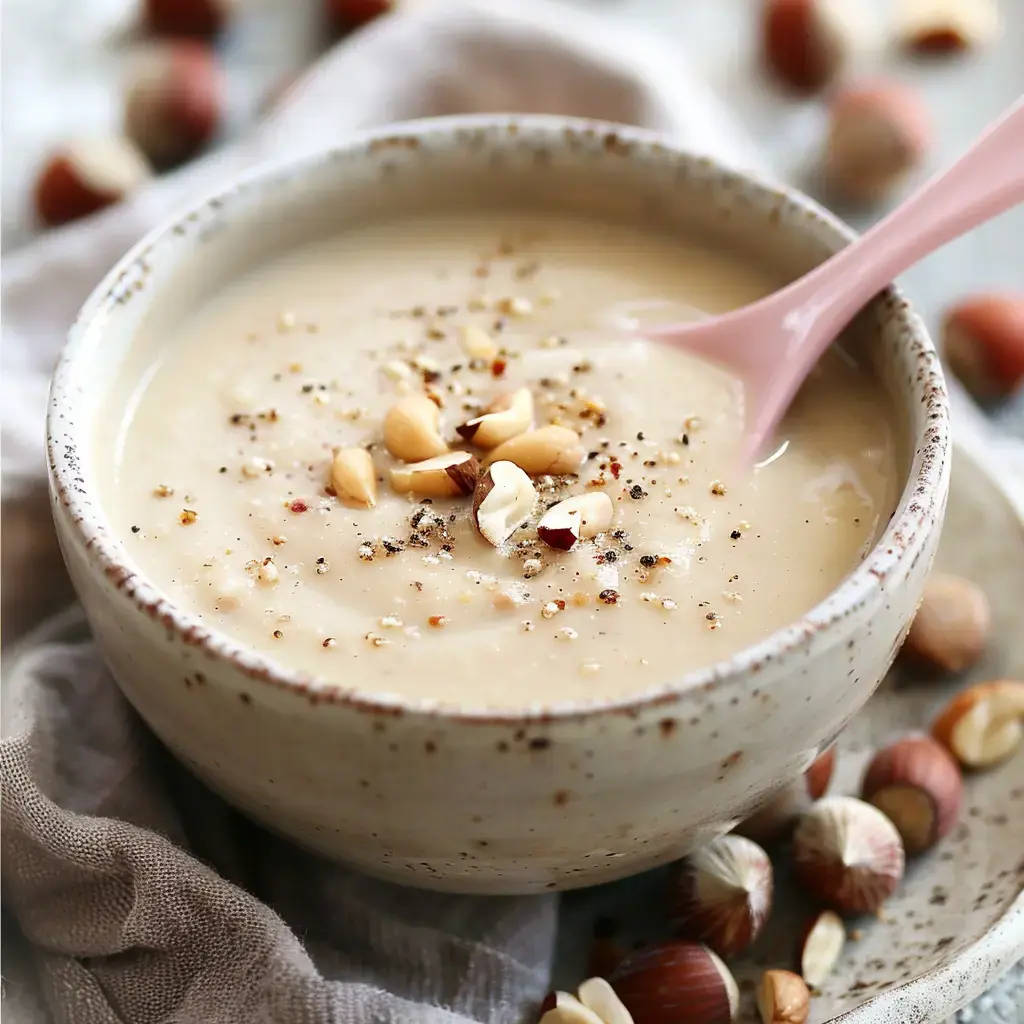 Un bol de velouté de potimarron garni de noisettes concassées et d'un trait de crème, servi avec une cuillère