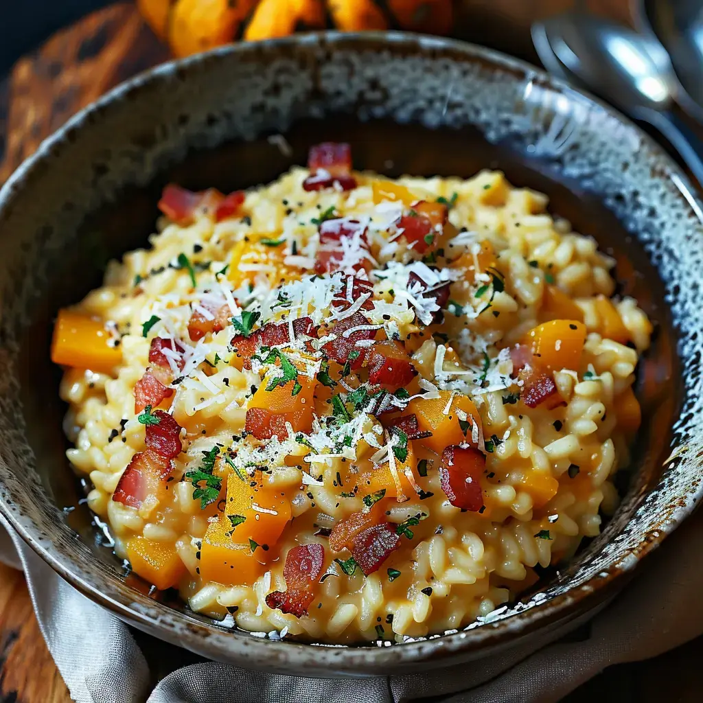 Risotto crémeux garni de cubes de courge butternut, lardons grillés et copeaux de parmesan, présenté dans un bol rustique