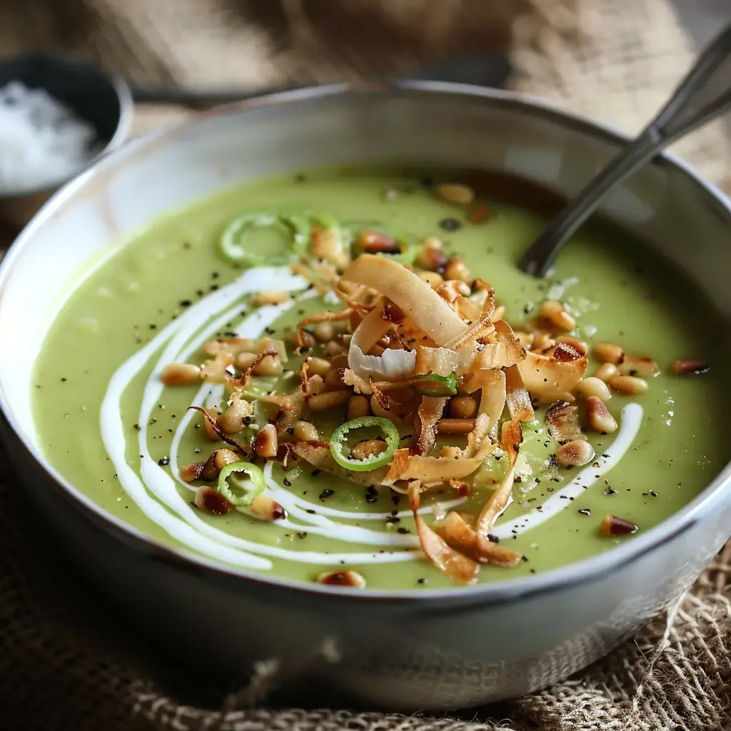 Velouté vert crémeux garni d'oignons frits, pignons de pin et filet de crème de coco