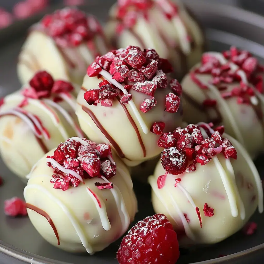 Des bouchées au chocolat blanc décorées de framboises séchées et de filets de chocolat, disposées sur un plateau.