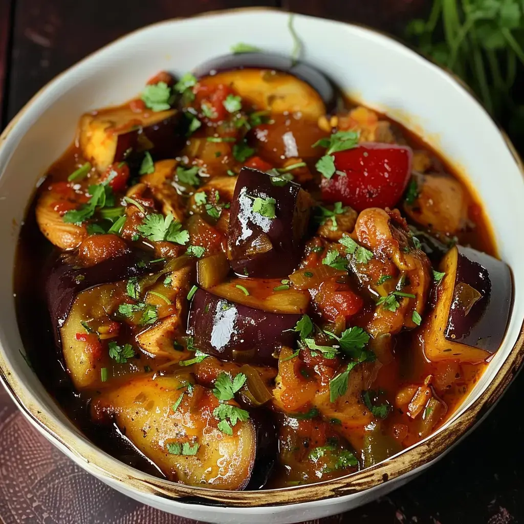 Un ragoût coloré mêlant aubergines, tomates et poivrons, parsemé de coriandre fraîche.