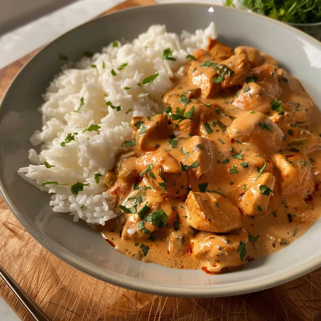 Un bol contenant du poulet en sauce crémeuse avec du riz blanc, garni de coriandre fraîche.