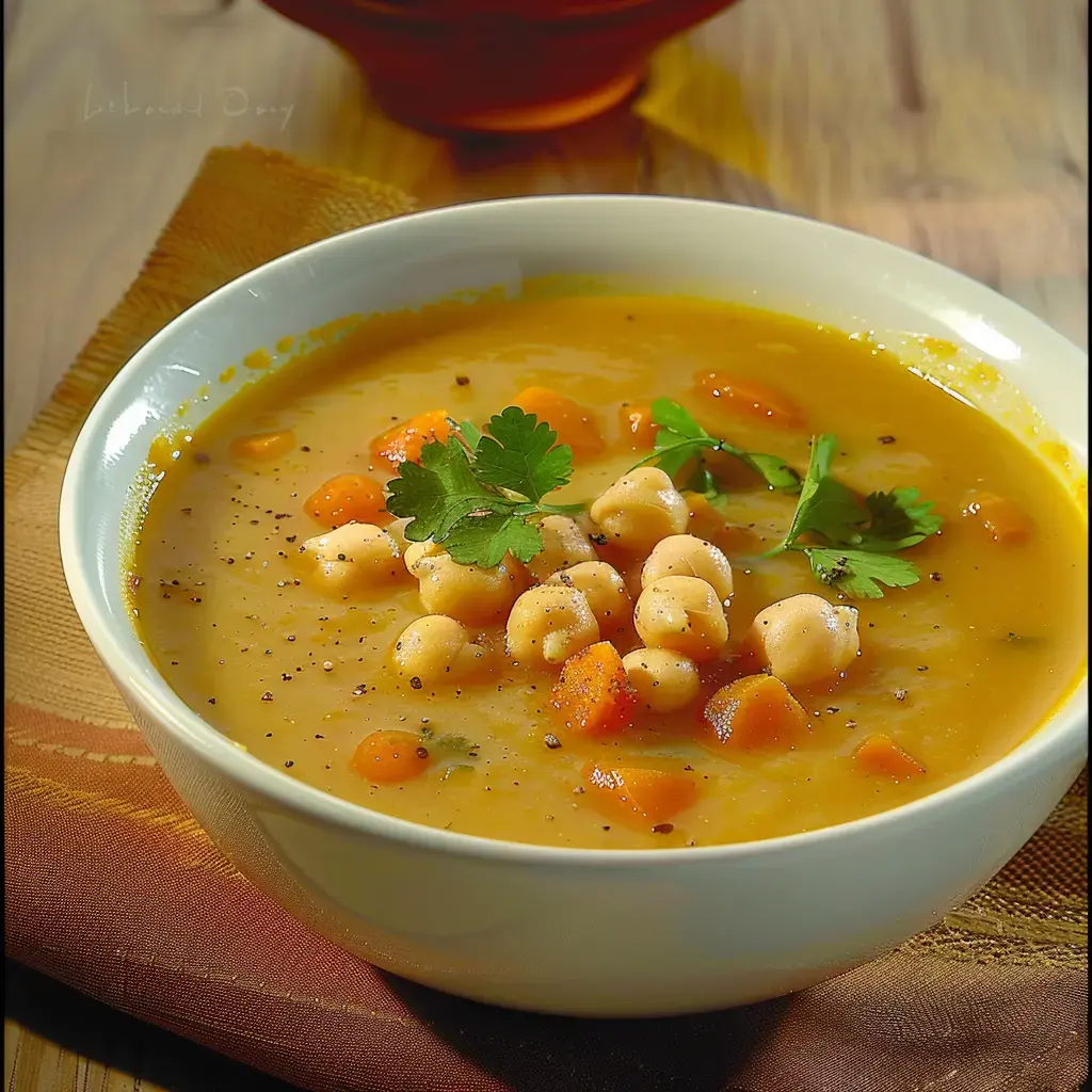 Velouté de pois chiches aux carottes, garni de coriandre fraîche, servi dans une élégante soupière en porcelaine blanche
