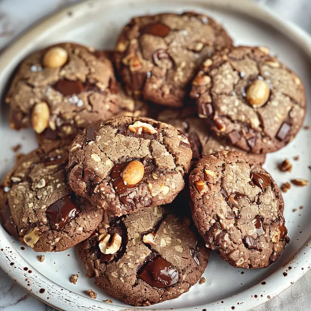 Cookies artisanaux au chocolat Valrhona et noisettes du Piémont, disposés sur une assiette en céramique.