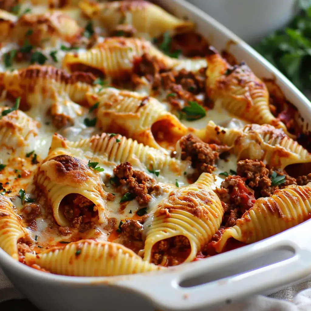Un plat de conchiglioni farcis au bœuf et fromage, dorés au four et décorés de persil frais.