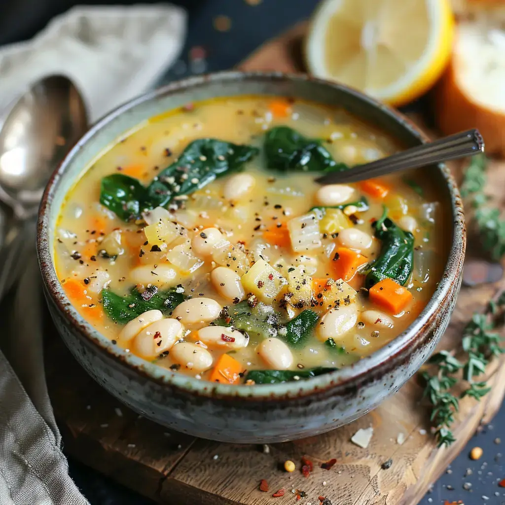 Un bol de soupe crémeuse aux haricots de Soissons, épinards et légumes de saison, garnie de Comté râpé et servie avec du pain de campagne.