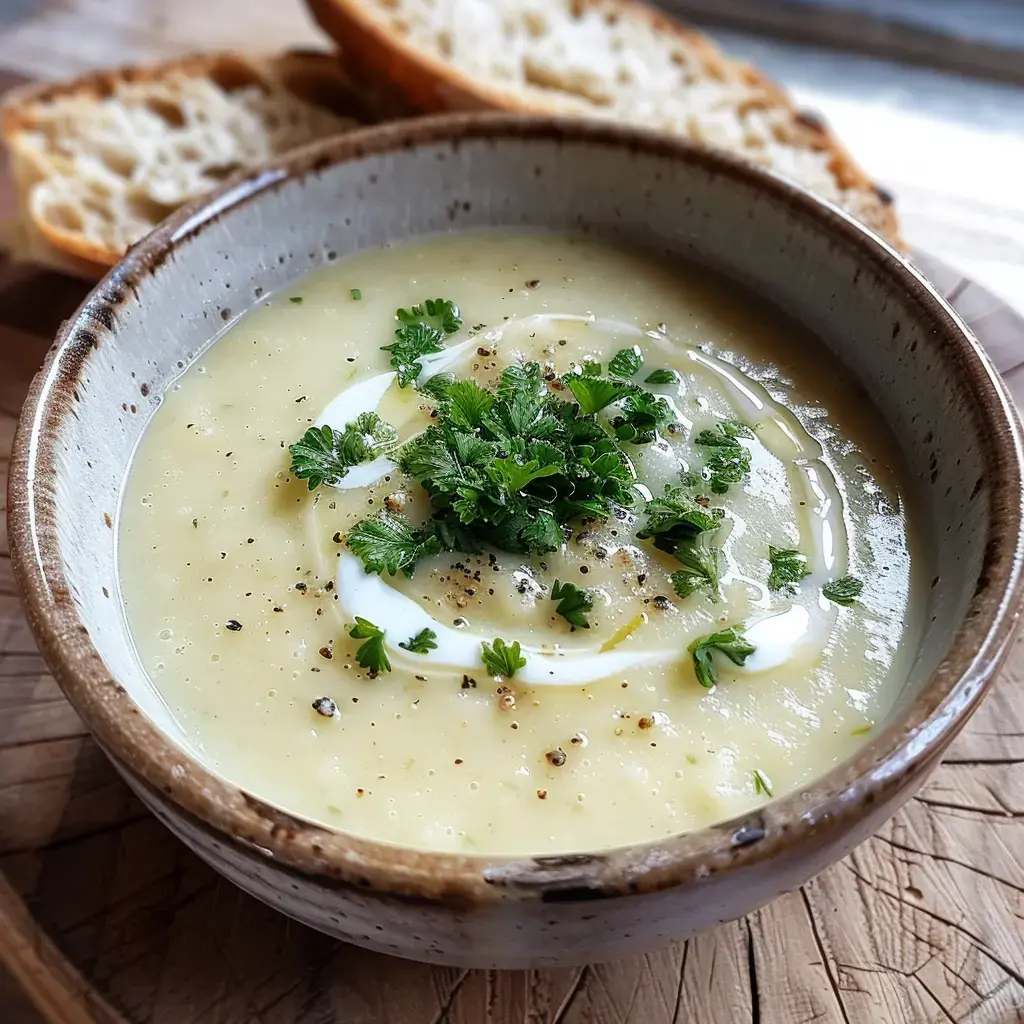 Un velouté onctueux décoré de coriandre et d'un trait de crème, servi avec du pain tranché.