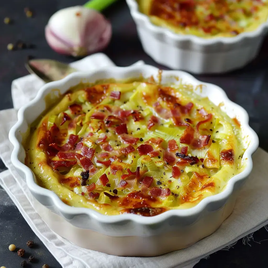 Un gratin de poireaux au jambon bien doré, présenté dans un joli plat de service creux.