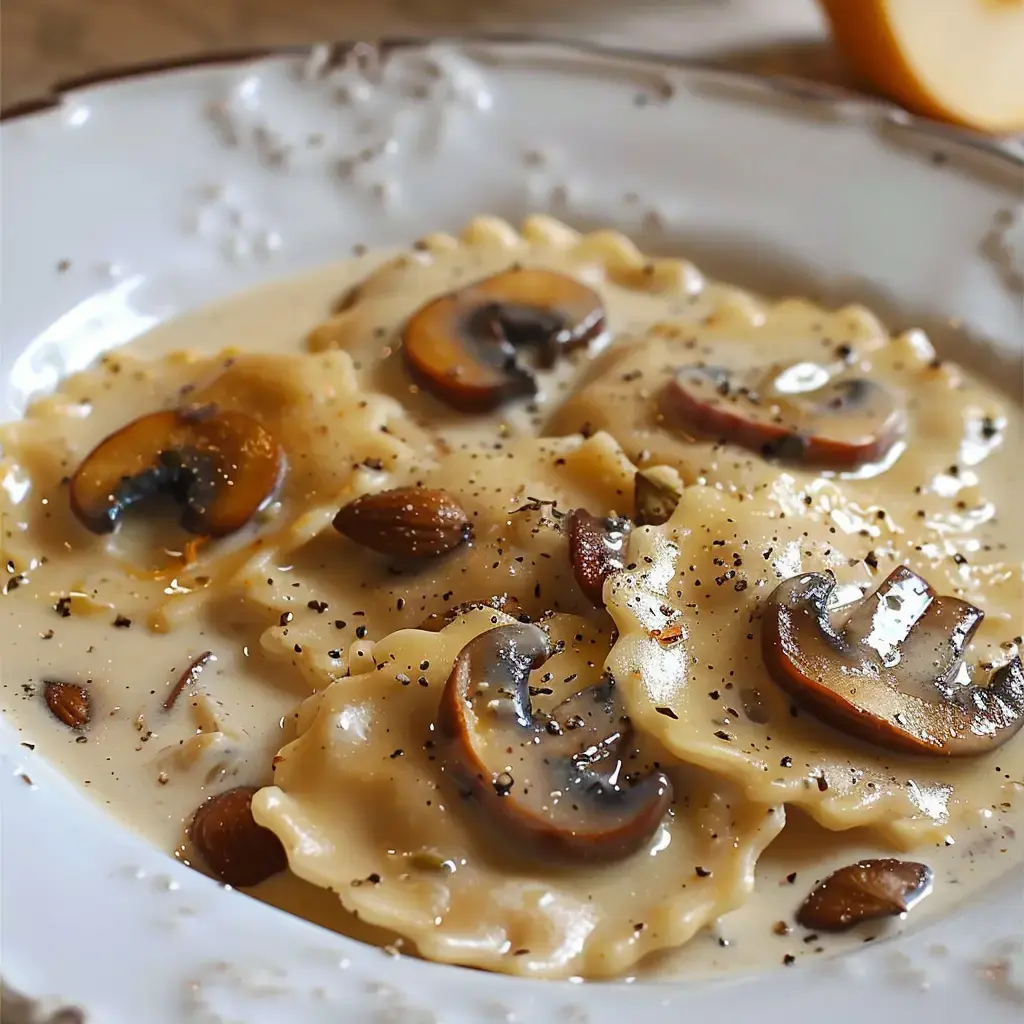 Des ravioles nappées d'une sauce crémeuse au Roquefort, garnies de cèpes et de graines torréfiées
