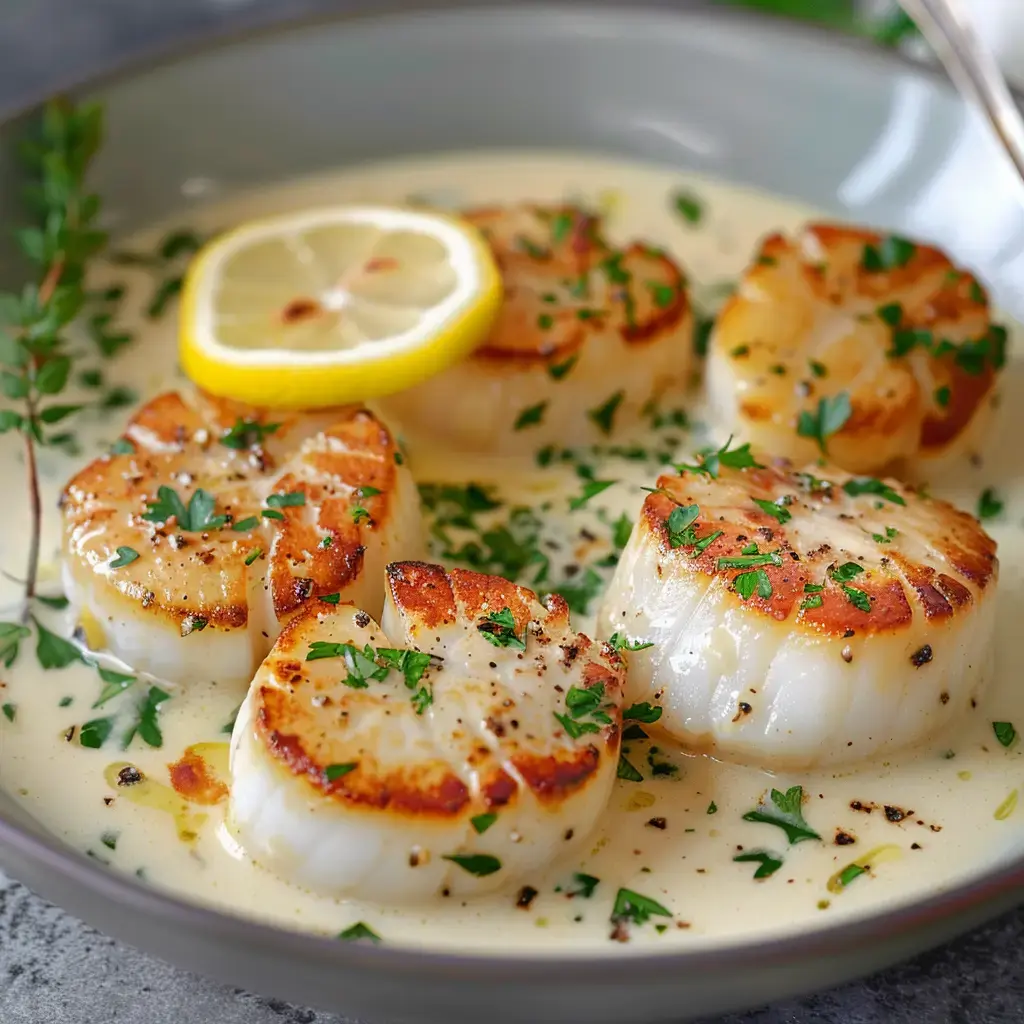 Des coquilles Saint-Jacques bien dorées dans leur sauce crémeuse, avec des touches de citron et persil frais.