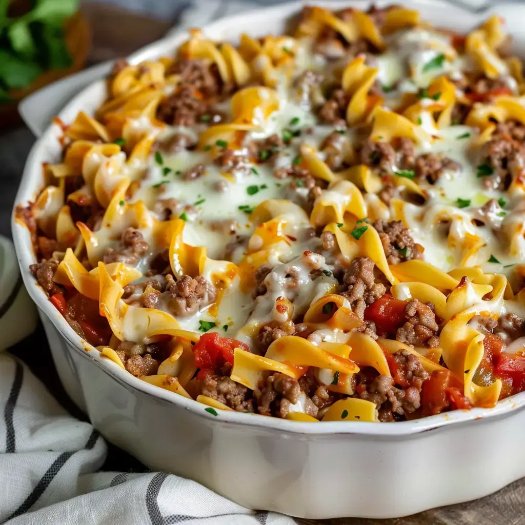 Gratin de tagliatelles à la bolognaise généreusement gratiné au gruyère, parsemé de persil frais