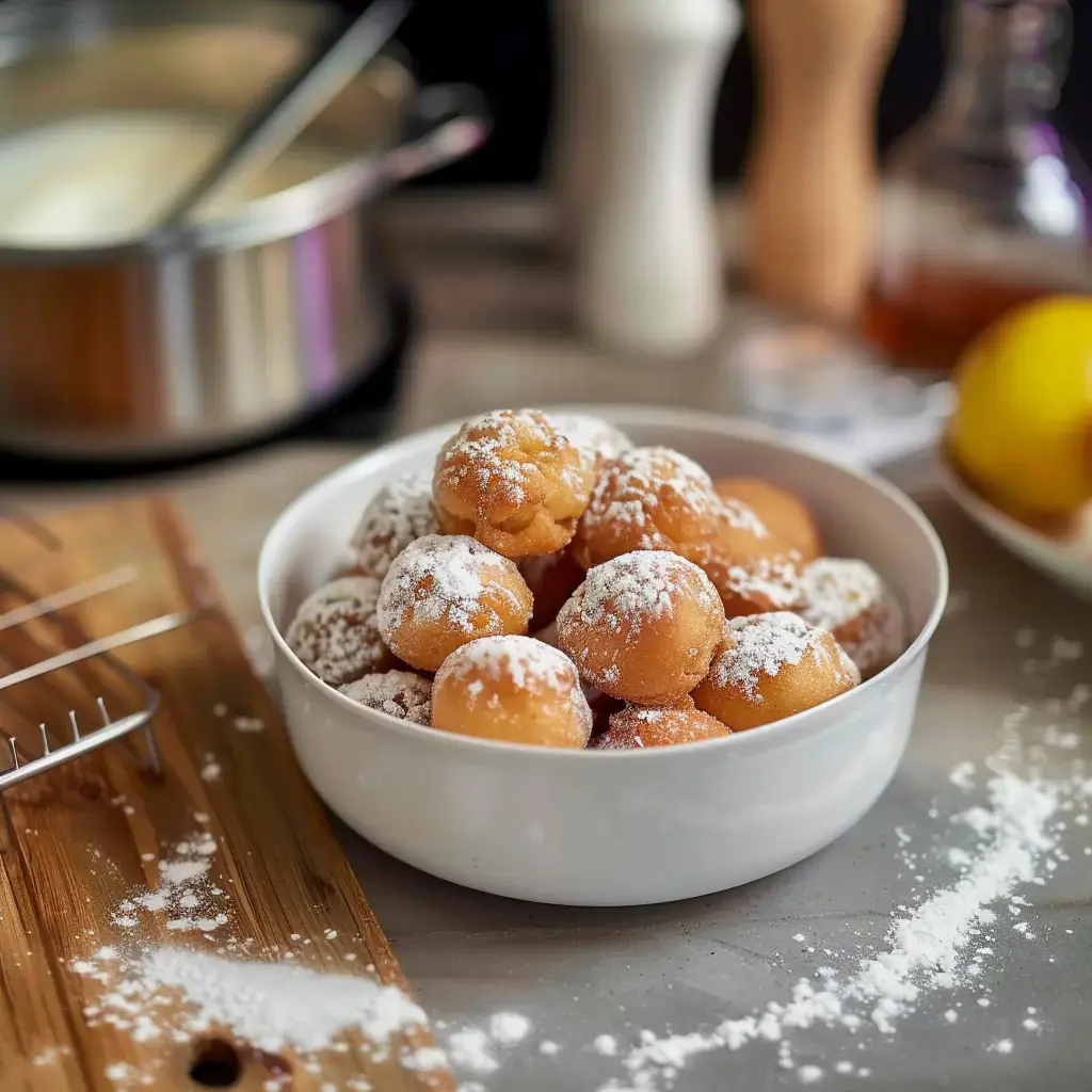 Beignets dorés saupoudrés de sucre glace présentés dans un bol en céramique, avec ustensiles de cuisine en arrière-plan