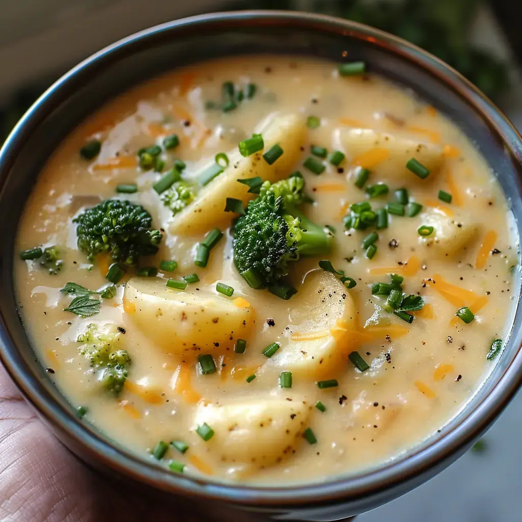 Soupe crémeuse au Comté garnie de brocoli, pommes de terre et ciboulette fraîche