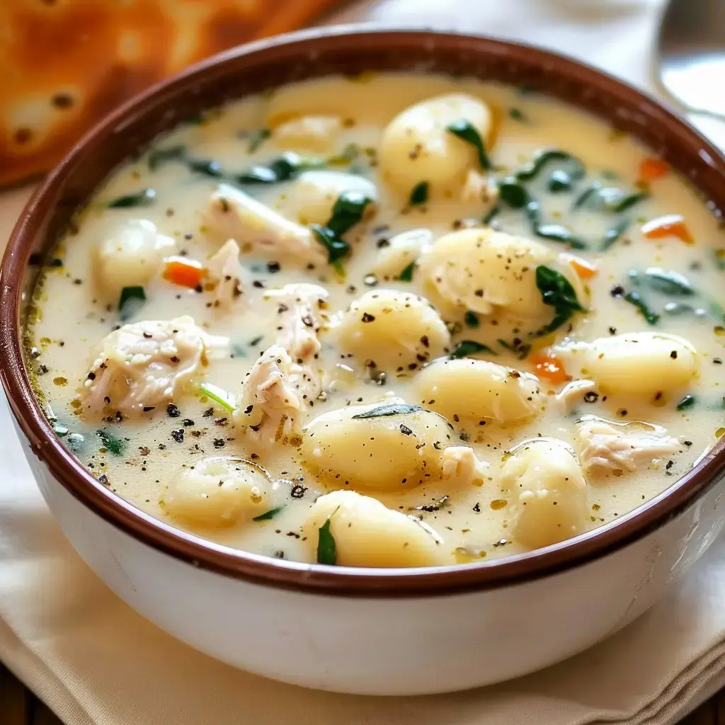 Une soupe crémeuse garnie de gnocchis, poulet, épinards et légumes, parsemée de poivre noir fraîchement moulu