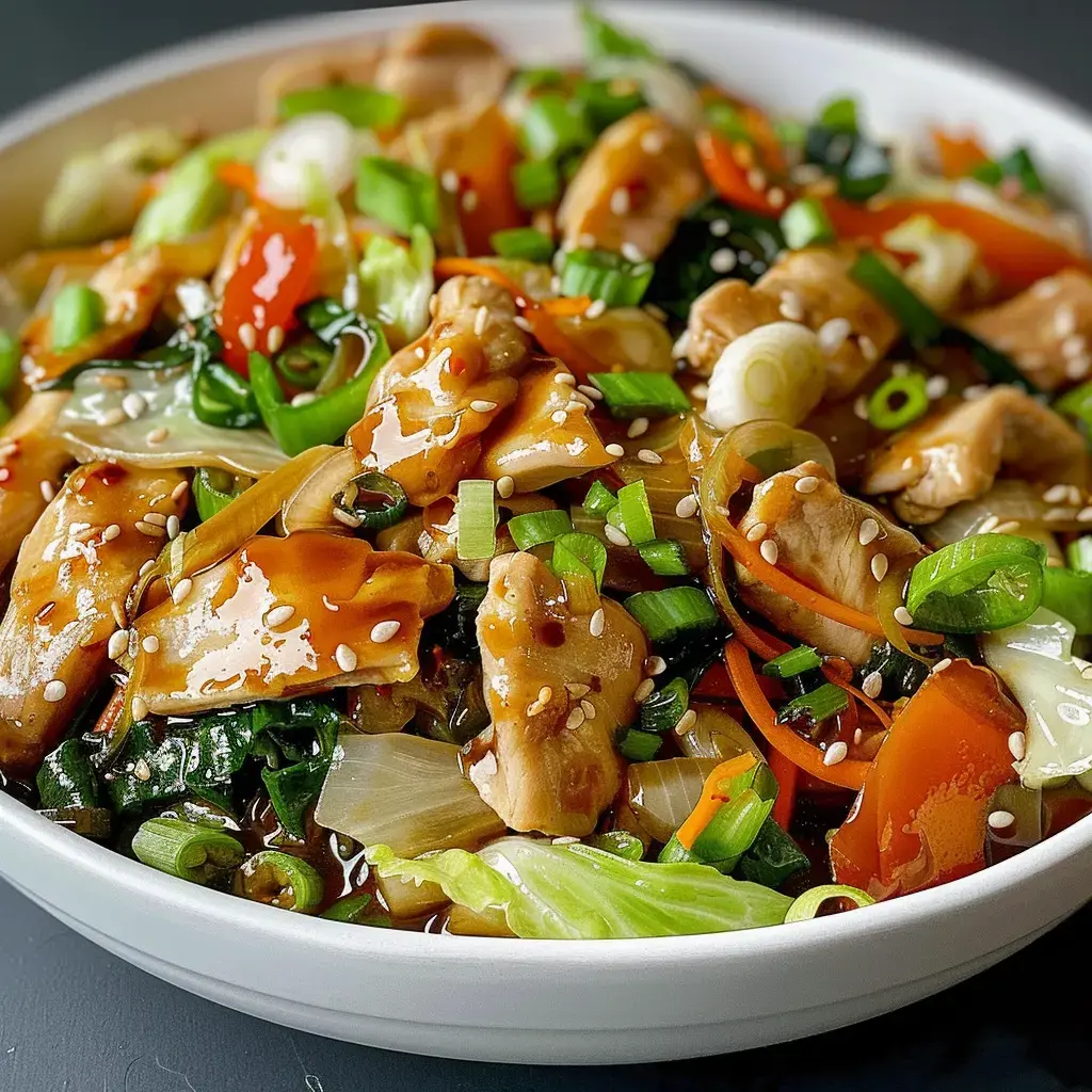 Un mélange coloré de poulet sauté avec des légumes, parsemé de graines de sésame et de ciboulette fraîche.