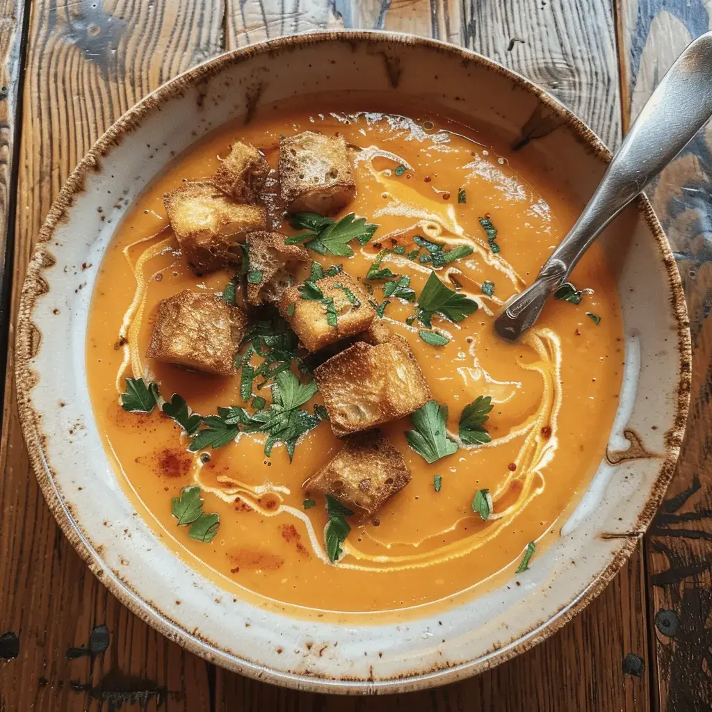 Une soupe orangée décorée de croutons bien dorés et parsemée de persil frais.