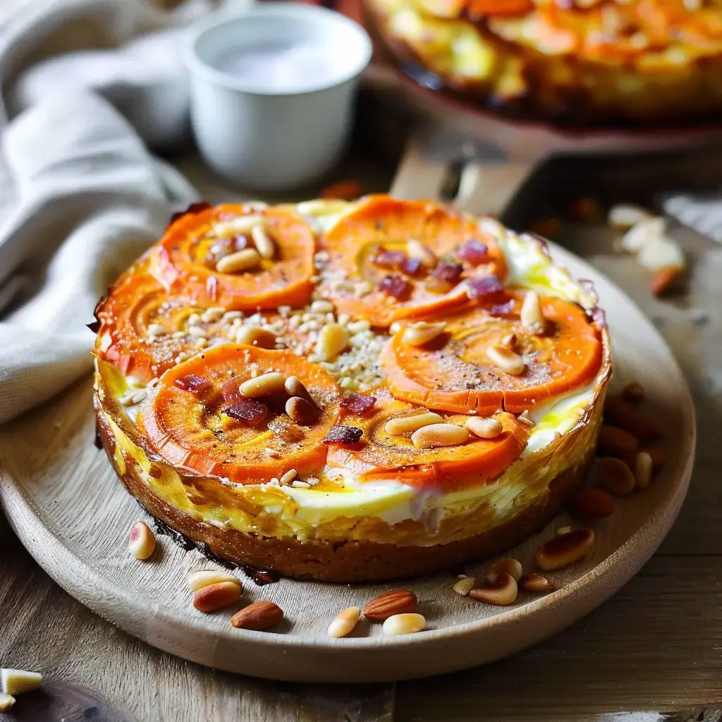 Un clafoutis aux carottes doré, parsemé de pignons de pin et de rondelles de chèvre, présenté sur une planche en bois