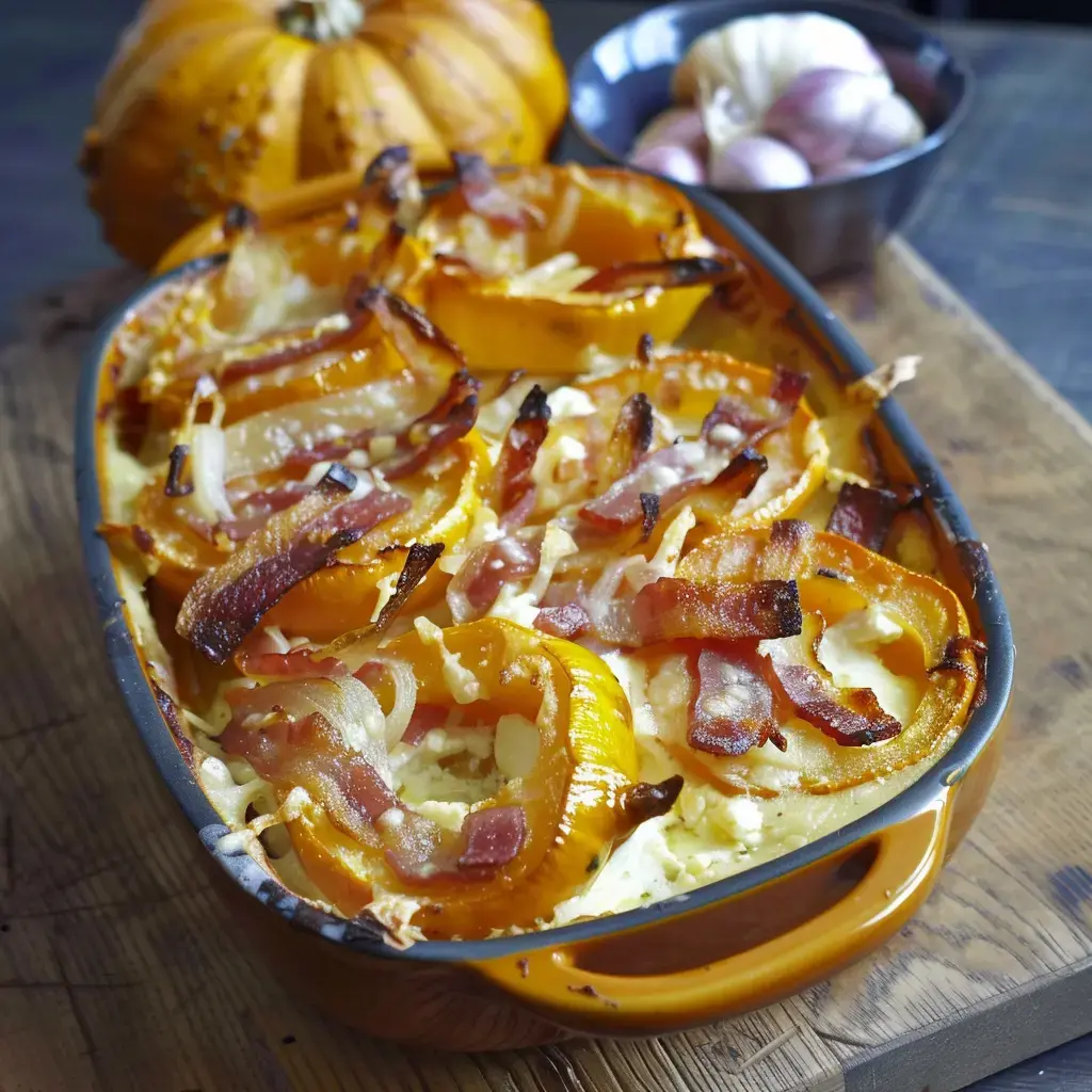 Une courge butternut farcie gratinée aux lardons et oignons, accompagnée d'une courge entière et d'ail en décoration