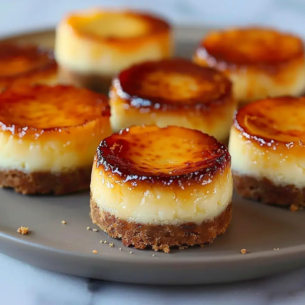 Des mini cheesecakes crème brûlée avec leur surface caramélisée dorée, disposés sur une assiette de service.
