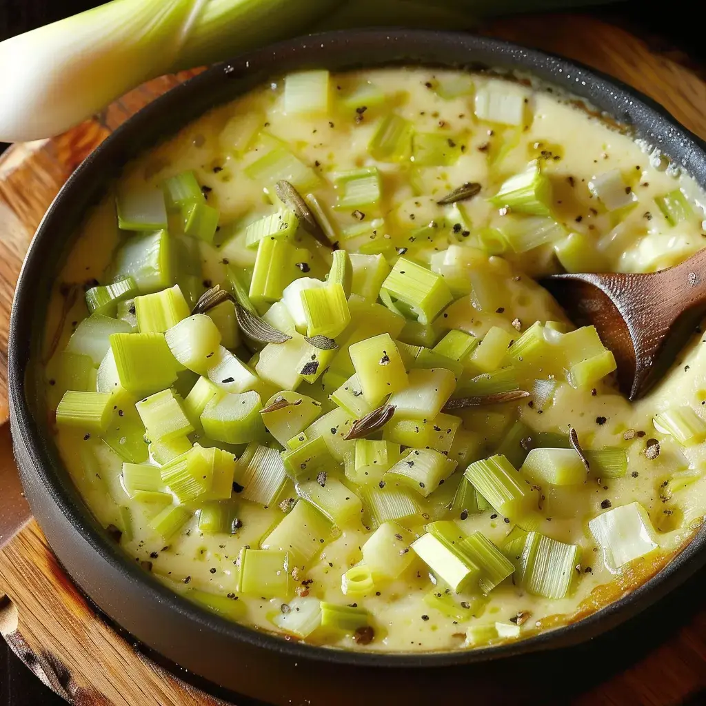 Fondue de poireaux crémeuse dans une cocotte en fonte, parsemée d'herbes fraîches