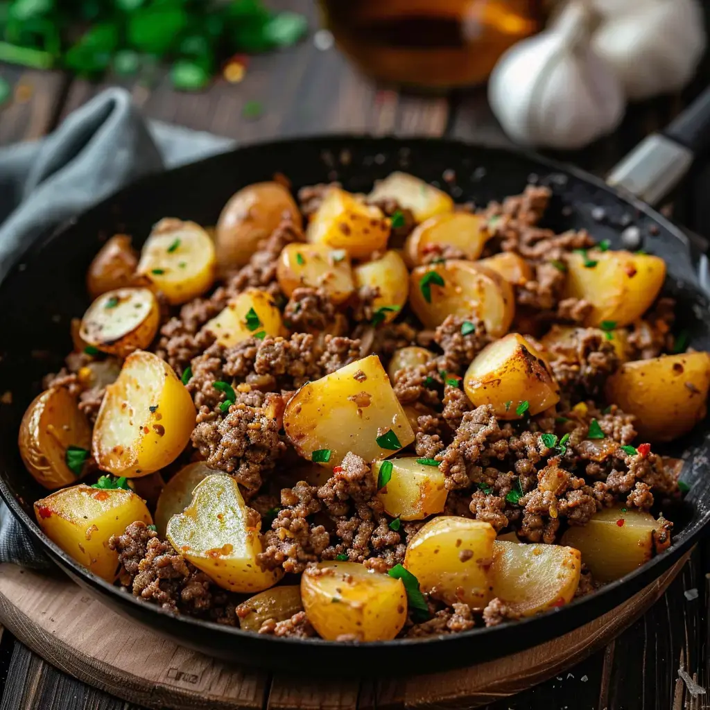Un hachis parmentier doré et gratiné, parsemé de persil frais, servi dans un plat en terre cuite