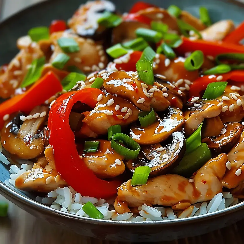 Un sauté de poulet avec légumes colorés et sauce, parsemé de sésame et ciboules, accompagné de riz blanc.