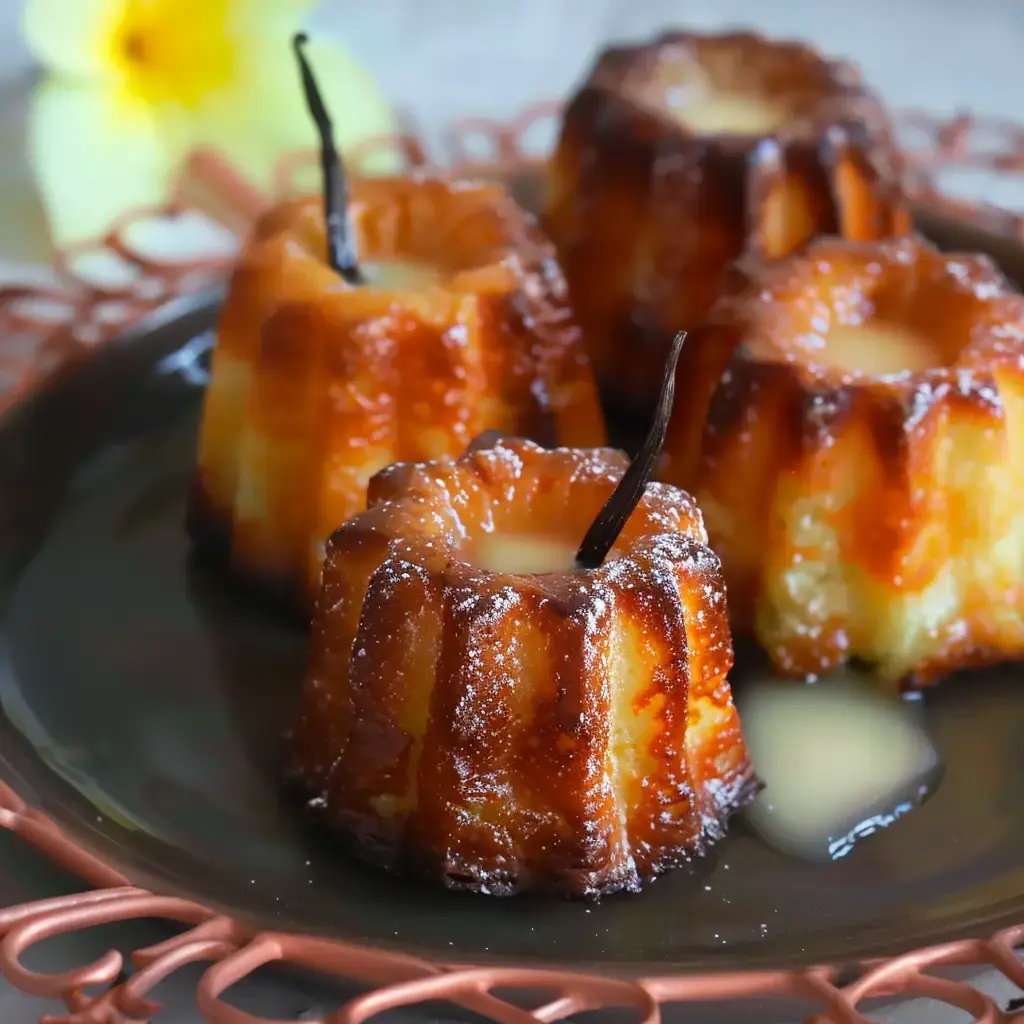 Quatre canelés bordelais à la croûte caramélisée dorée, disposés sur une assiette en céramique noire avec des gousses de vanille en décoration