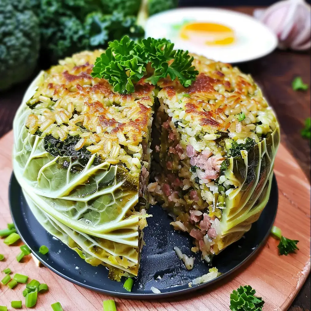 Un gratin de chou farci au riz et à la saucisse de Toulouse, présenté dans un plat en terre cuite, parsemé de persil frais.