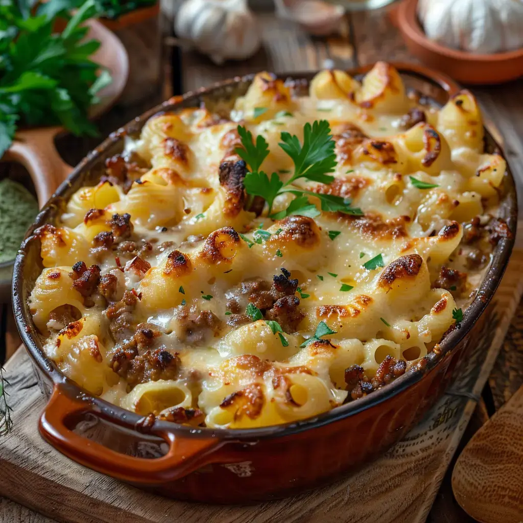 Gratin de coquillettes au Reblochon et boeuf haché, parsemé de persil frais