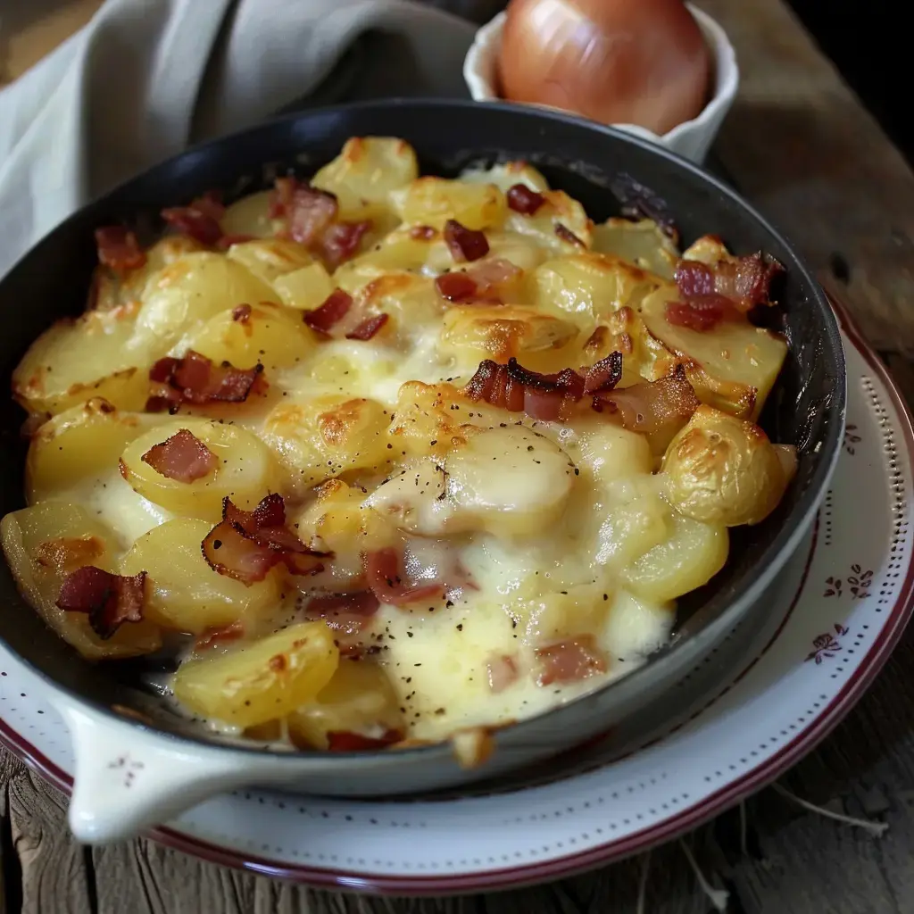 Une tartiflette dorée et gratinée, le reblochon fondant sur un lit de pommes de terre et lardons