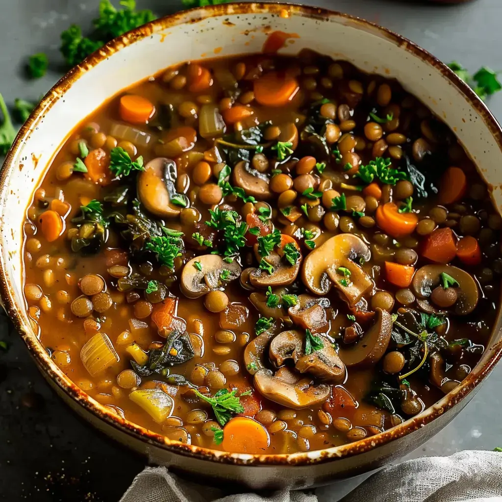 Mijoté de lentilles aux champignons servi dans une cocotte en fonte, garni d'herbes fraîches