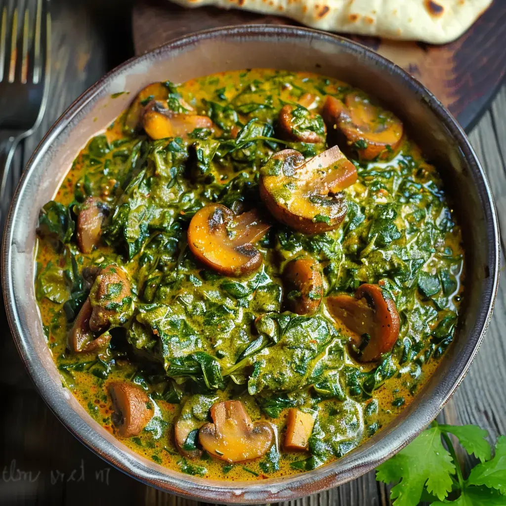 Curry d'épinards aux champignons servi dans un bol en terre cuite, accompagné de naan traditionnel