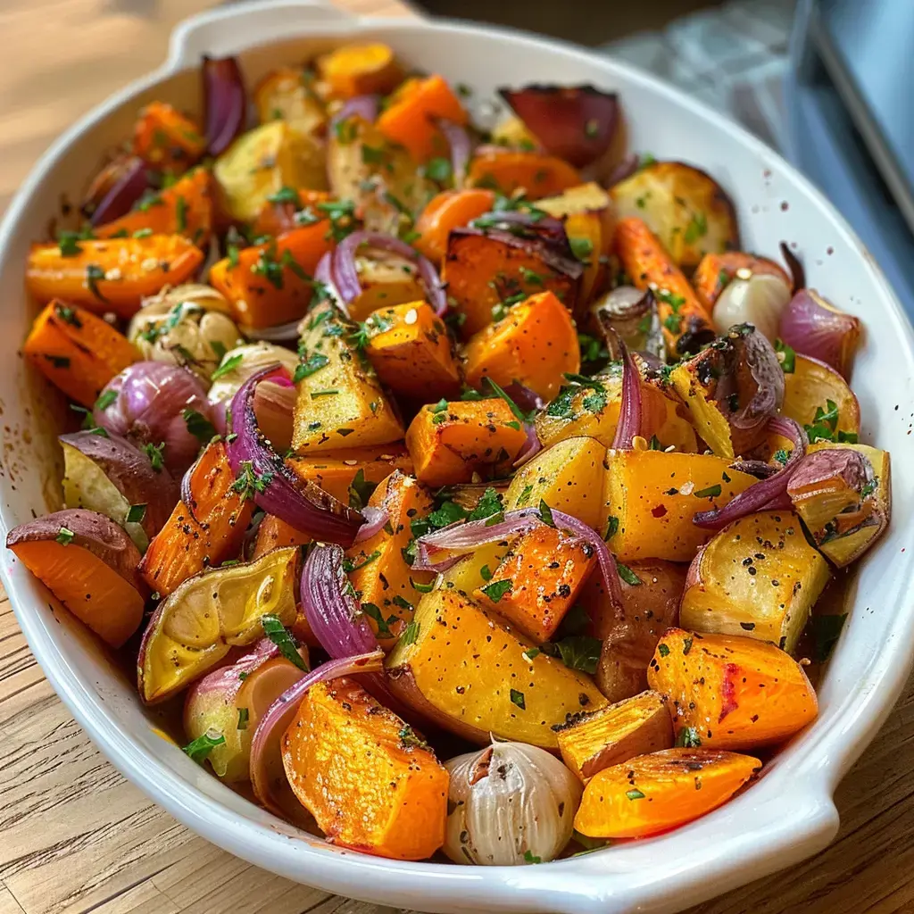 Légumes d'hiver confits colorés disposés dans un plat en terre cuite, parsemés d'herbes fraîches