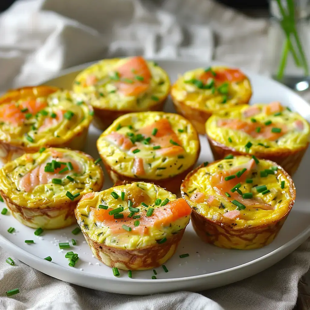 Des mini-flans dorés garnis de truite fumée et de ciboulette fraîche, présentés sur une assiette en porcelaine blanche.