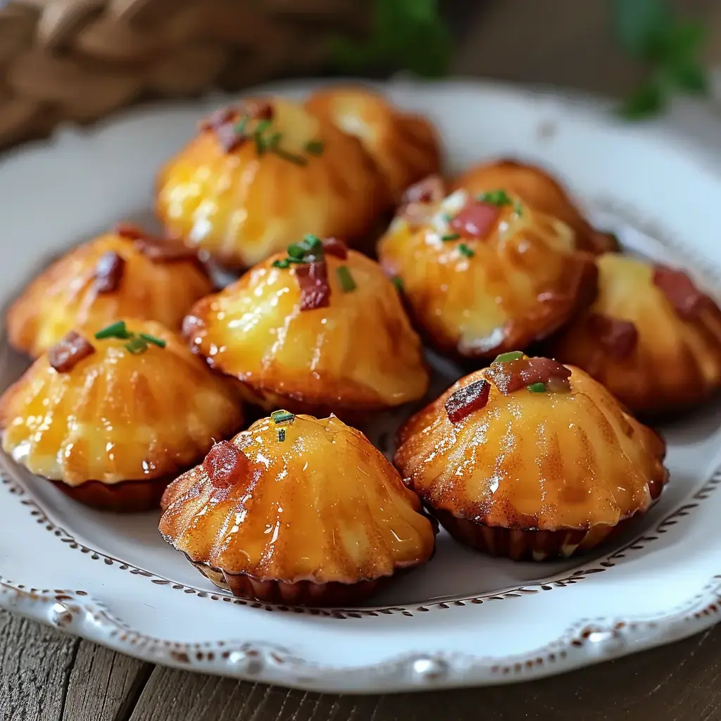 Madeleines salées dorées garnies de Fromage d'Abondance et lardons, présentées sur un plat de service en ardoise