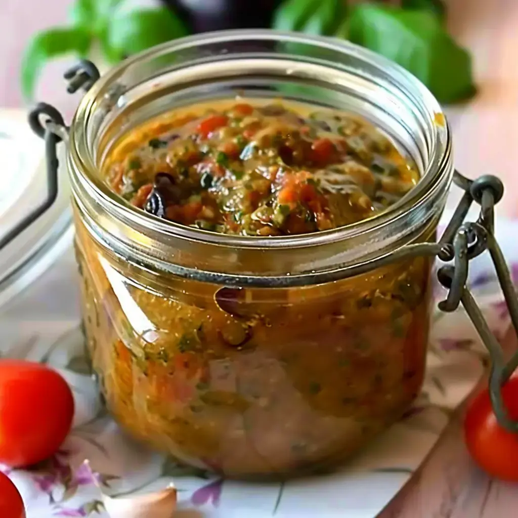 Un pot en verre rempli d'un pesto d'aubergines maison, accompagné de tomates cerises sur un linge provençal.