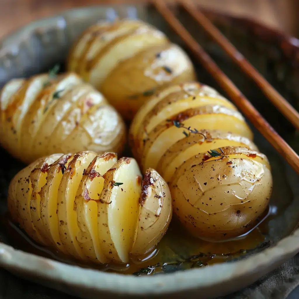 Pommes de terre Hasselback dorées, aux lamelles régulières, parsemées d'herbes fraîches dans un plat en céramique