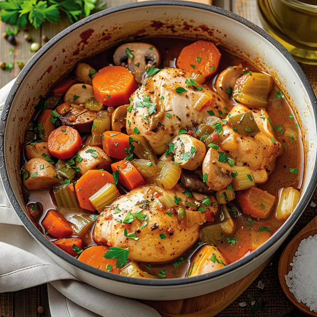 Une cocotte de volaille mijotée aux légumes de saison, garnie de persil frais