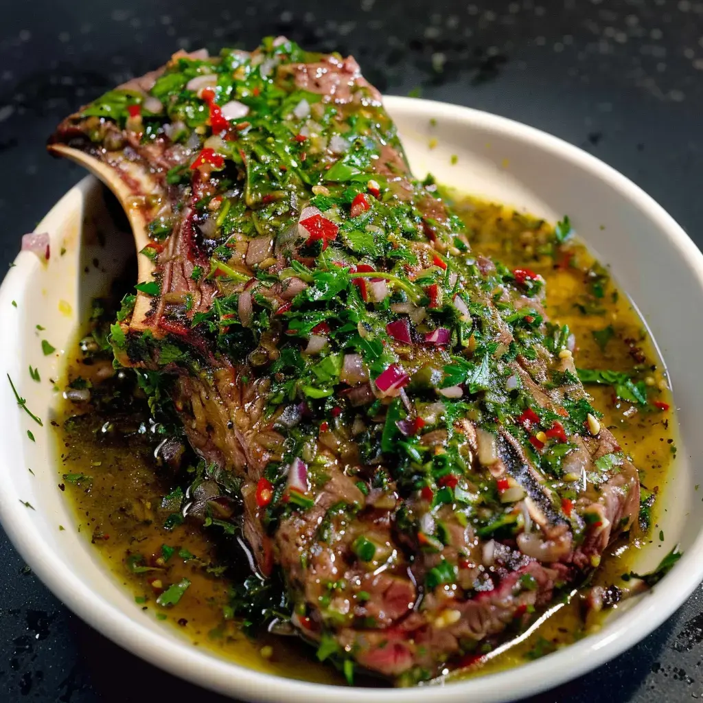 Une entrecôte marinée aux herbes et épices, disposée dans un plat de service.