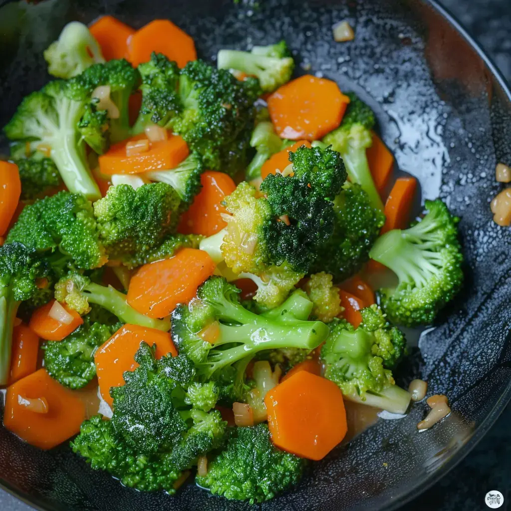 Légumes sautés servis dans un plat en céramique noire, mêlant brocolis verts et carottes orange nappés de sauce brillante