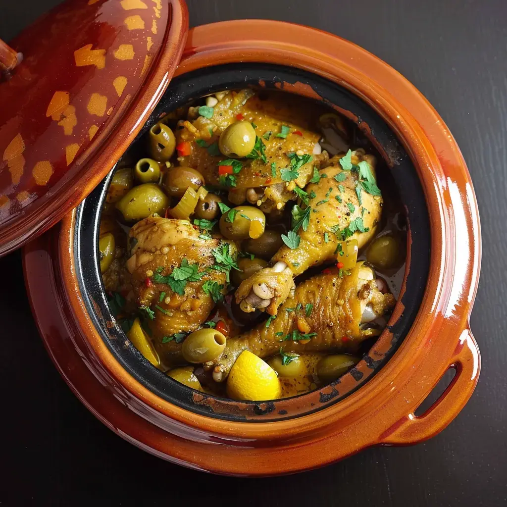 Un tajine de poulet aux olives et citrons confits, parsemé de coriandre fraîche, servi dans un plat traditionnel en terre cuite