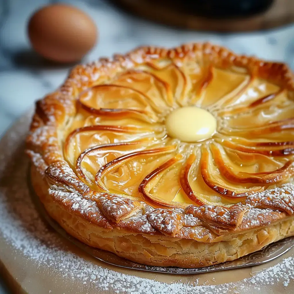 Une galette des rois dorée et joliment décorée, avec sa garniture crémeuse visible et un œuf pour la dorure