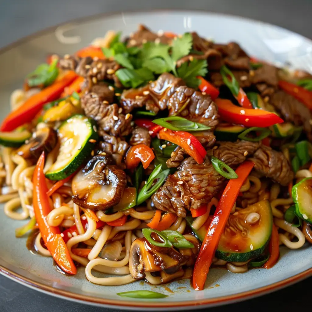 Un wok de nouilles sautées au bœuf avec légumes colorés, nappé de sauce brillante et parsemé de coriandre fraîche