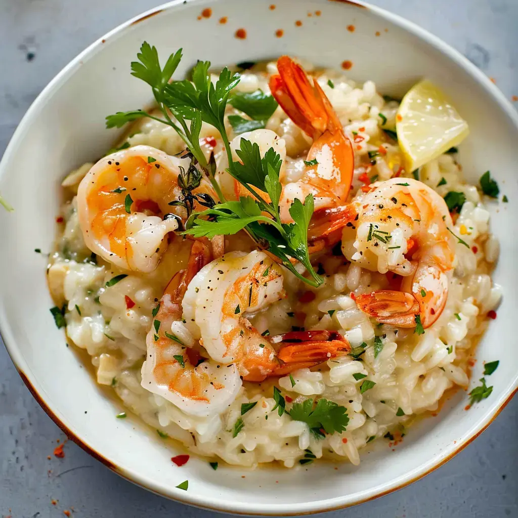 Risotto onctueux au lait de coco garni de crevettes dorées et coriandre fraîche