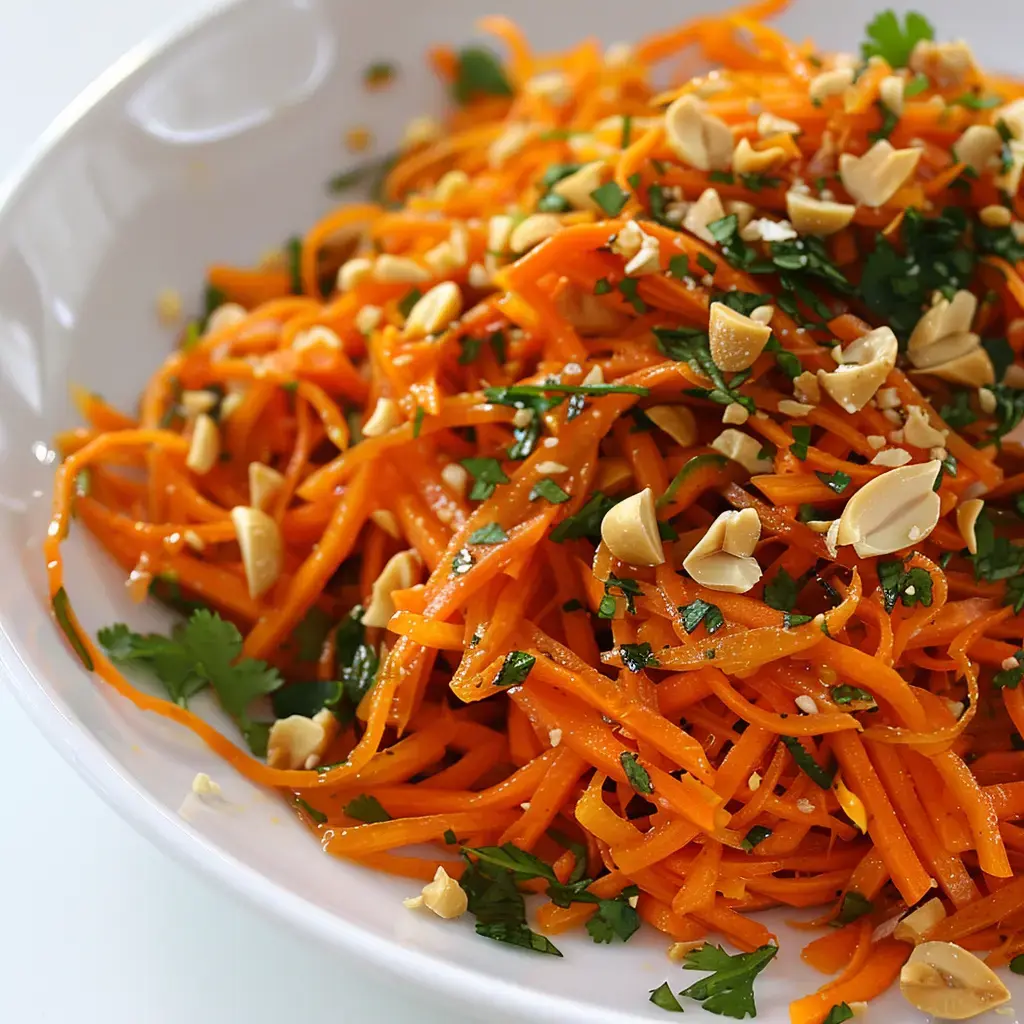 Salade de carottes vietnamienne garnie de cacahuètes et herbes fraîches dans un bol en céramique