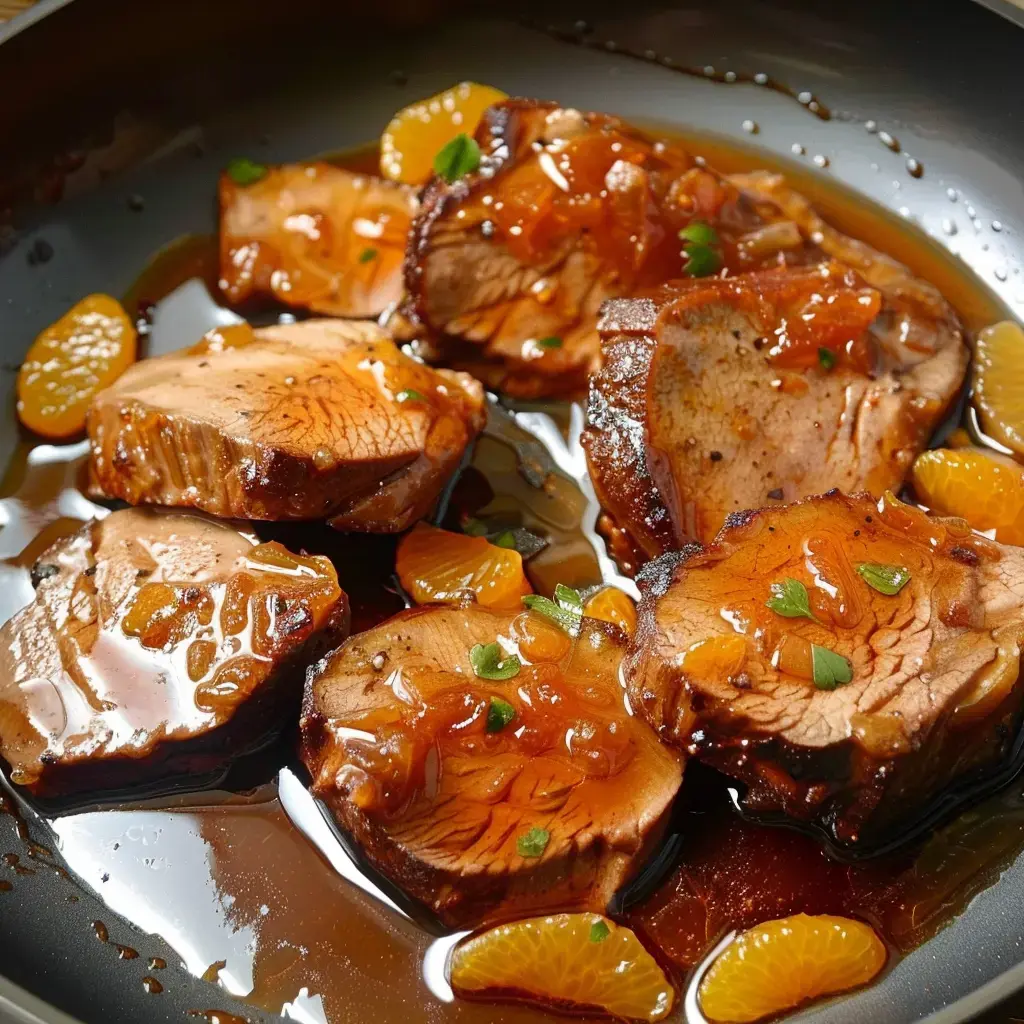 Rôti de porc laqué dans sa sauce à l'orange, décoré de quartiers d'agrumes